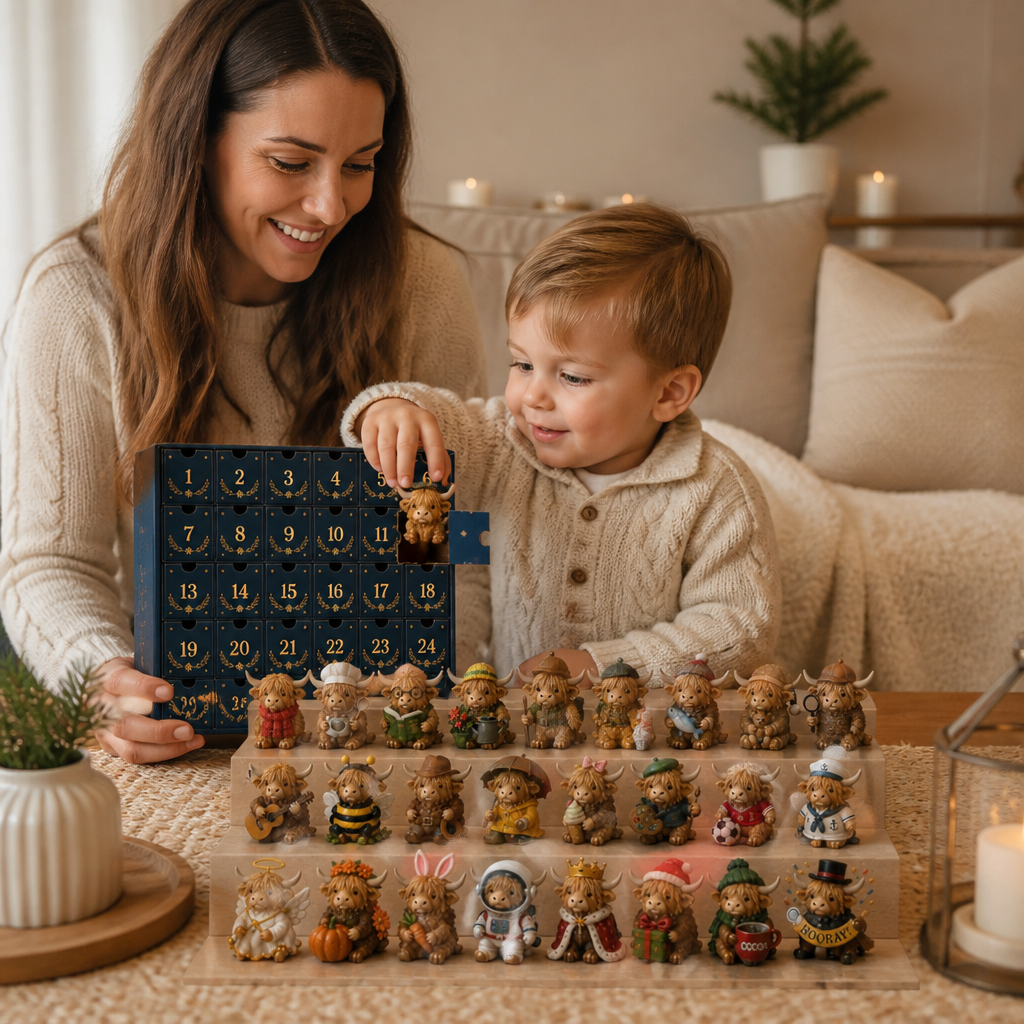 24-dagars adventskalender med Highland-kor som samlarfigurer i miniformat
