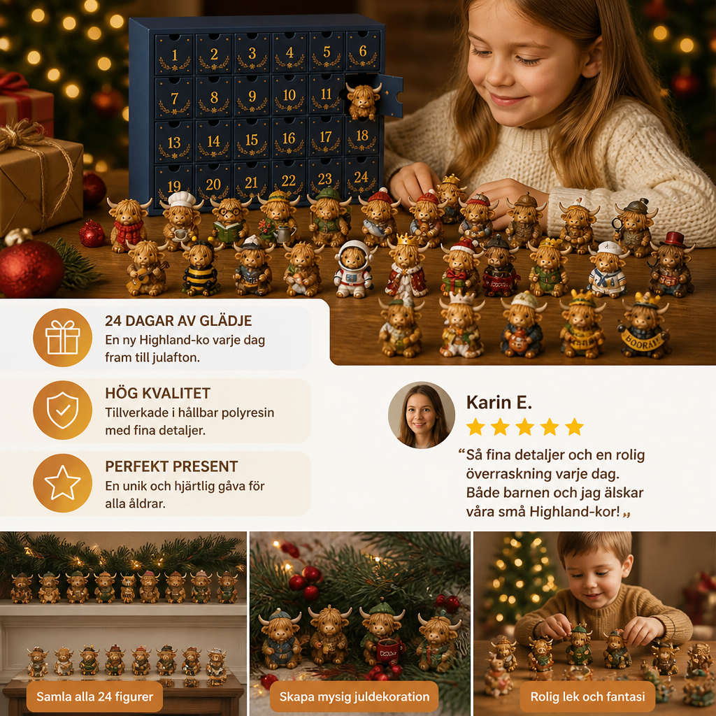 24-dagars adventskalender med Highland-kor som samlarfigurer i miniformat