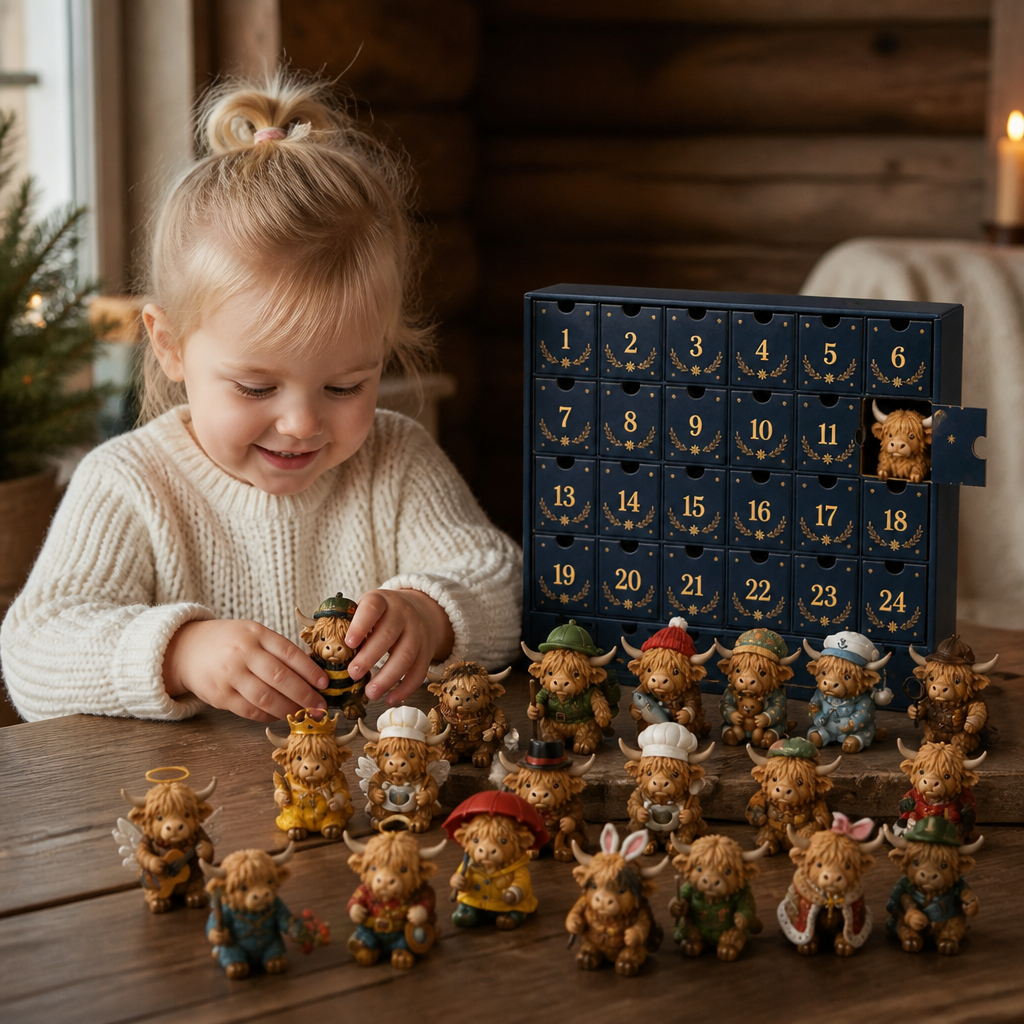 24-dagars adventskalender med Highland-kor som samlarfigurer i miniformat