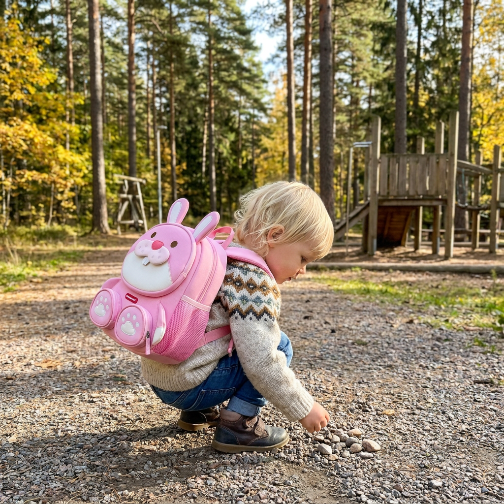 Barnryggsäck med tecknade djur – Lätt skolväska med flera fack