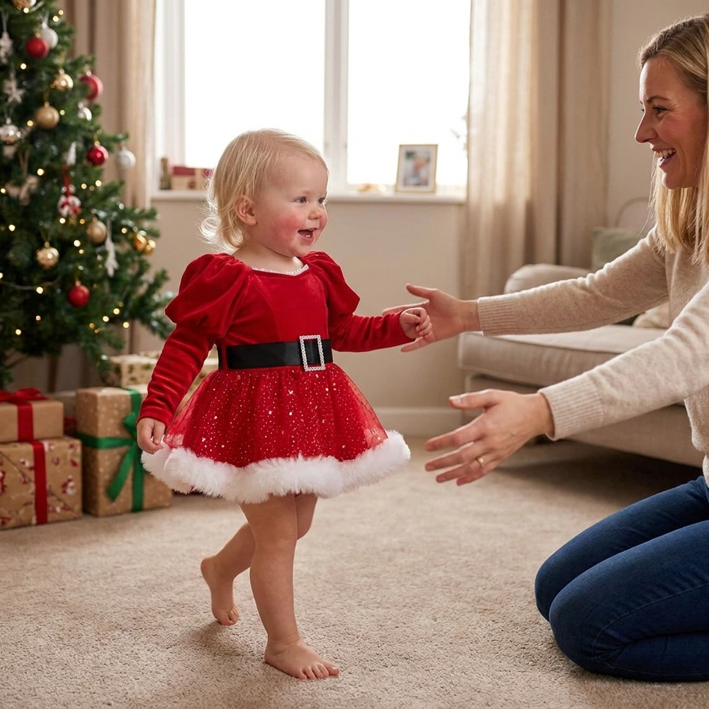 Babyklänning med Långa Ärmar och Inbyggd Body för Flickans Första Jul