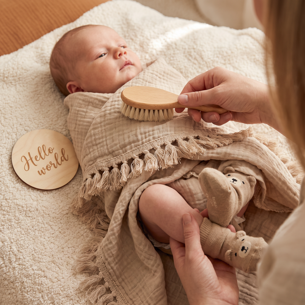 Babyvårdspresentbox – handduk, strumpor eller hårband och badborste för nyfödda
