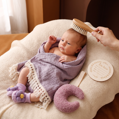 Babyvårdspresentbox – handduk, strumpor eller hårband och badborste för nyfödda