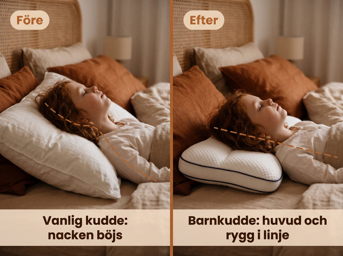 Barn som sover på en ergonomisk barnkudde – före och efter