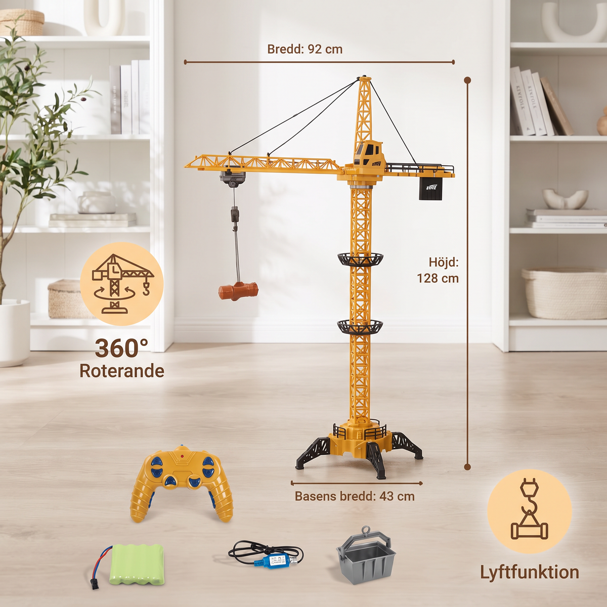 Fjärrstyrd tornkran – 360° roterande byggleksak med lyftfunktion