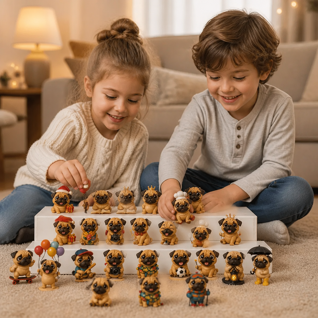 24-dagars adventskalender med mopsfigurer och överraskningar