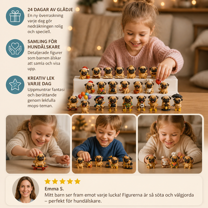 24-dagars adventskalender med mopsfigurer och överraskningar