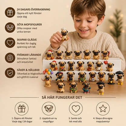 24-dagars adventskalender med mopsfigurer och överraskningar
