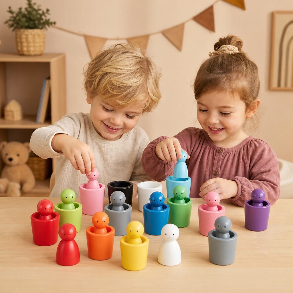 Montessori Färgsorteringskoppar I Trä För Lärande
