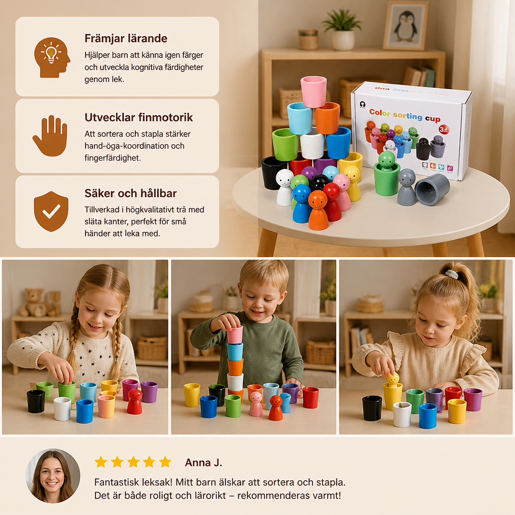 Montessori Färgsorteringskoppar I Trä För Lärande