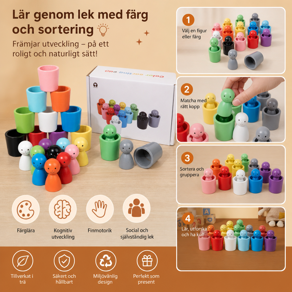 Montessori Färgsorteringskoppar I Trä För Lärande