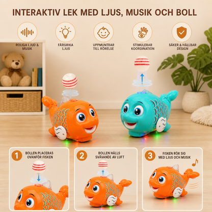 Interaktiv svävande fiskleksak med boll, ljus och musik