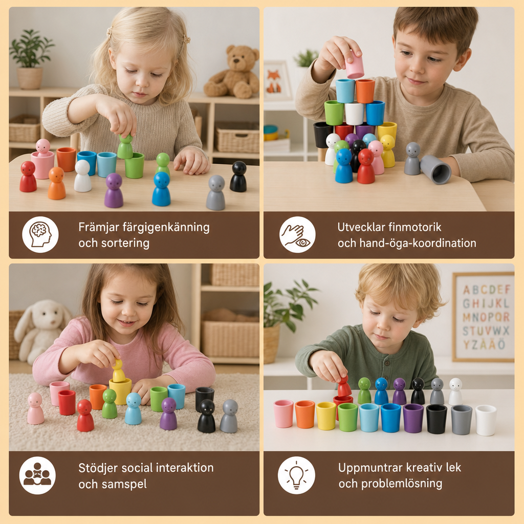Montessori Färgsorteringskoppar I Trä För Lärande