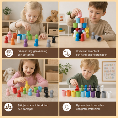 Montessori Färgsorteringskoppar I Trä För Lärande