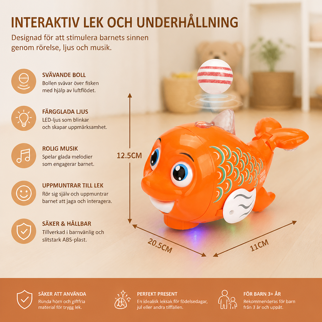Interaktiv svävande fiskleksak med boll, ljus och musik