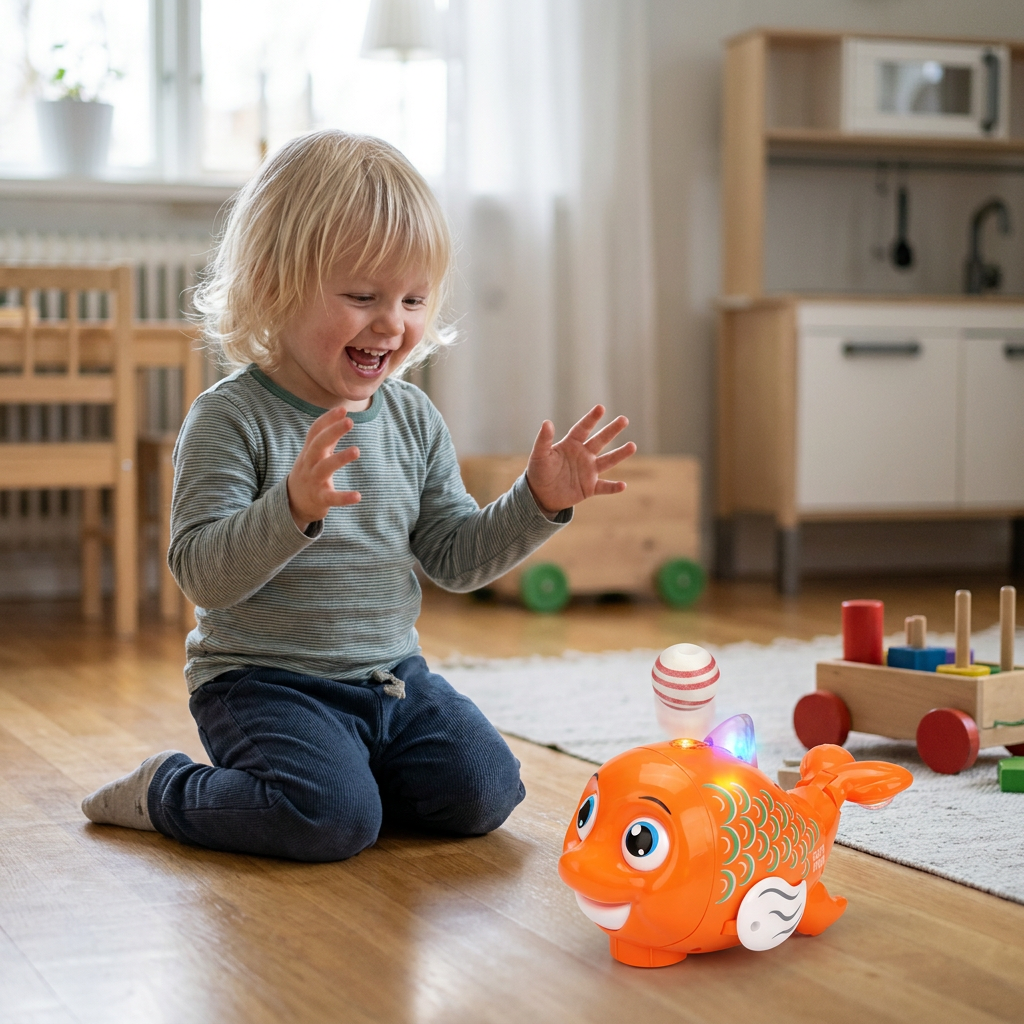Interaktiv svävande fiskleksak med boll, ljus och musik