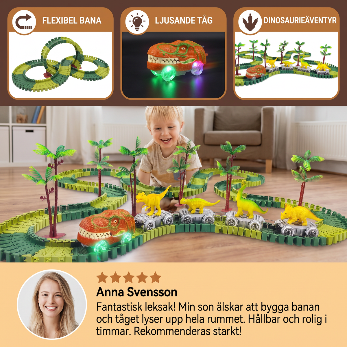 Dinosaurieäventyr på bana – flexibel racerbana med ljusande tåg