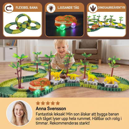 Dinosaurieäventyr på bana – flexibel racerbana med ljusande tåg