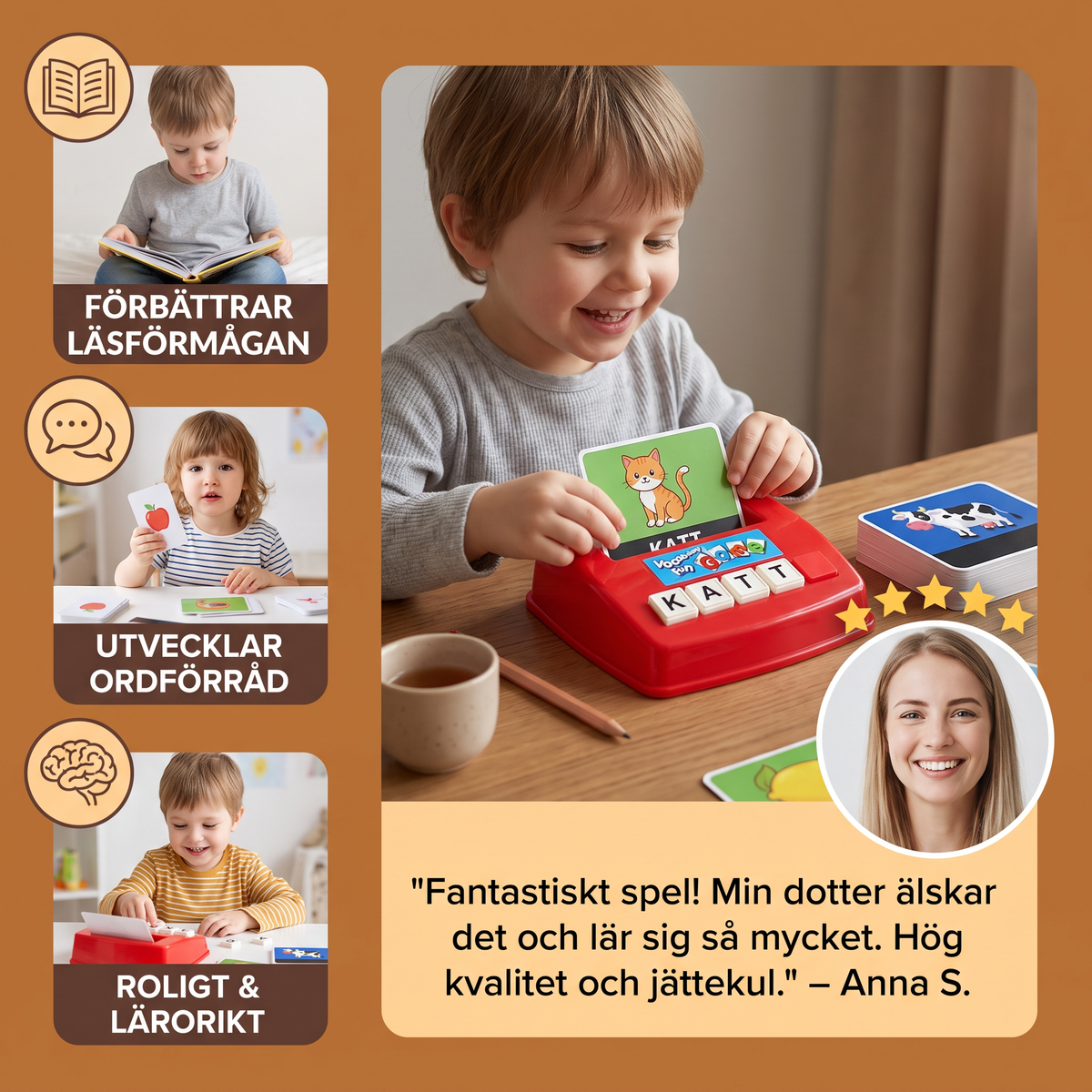 Interaktivt Stavnings- och Ordmatchningsspel – Pedagogisk Läs- och Skrivleksak för Förskolebarn med Bildkort och Bokstavsbrickor