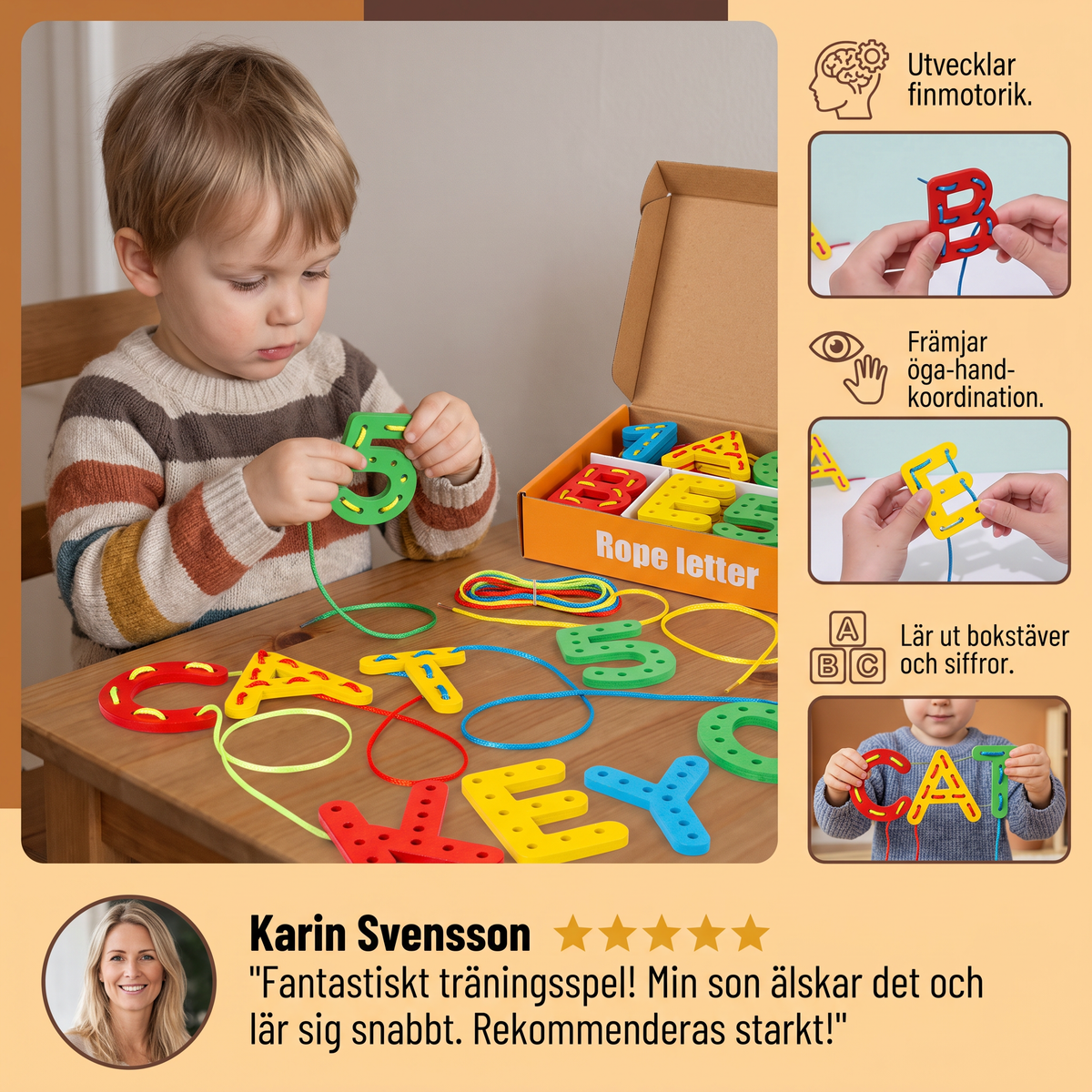 Bokstäver, siffror och färger – träträningsspel med snörning