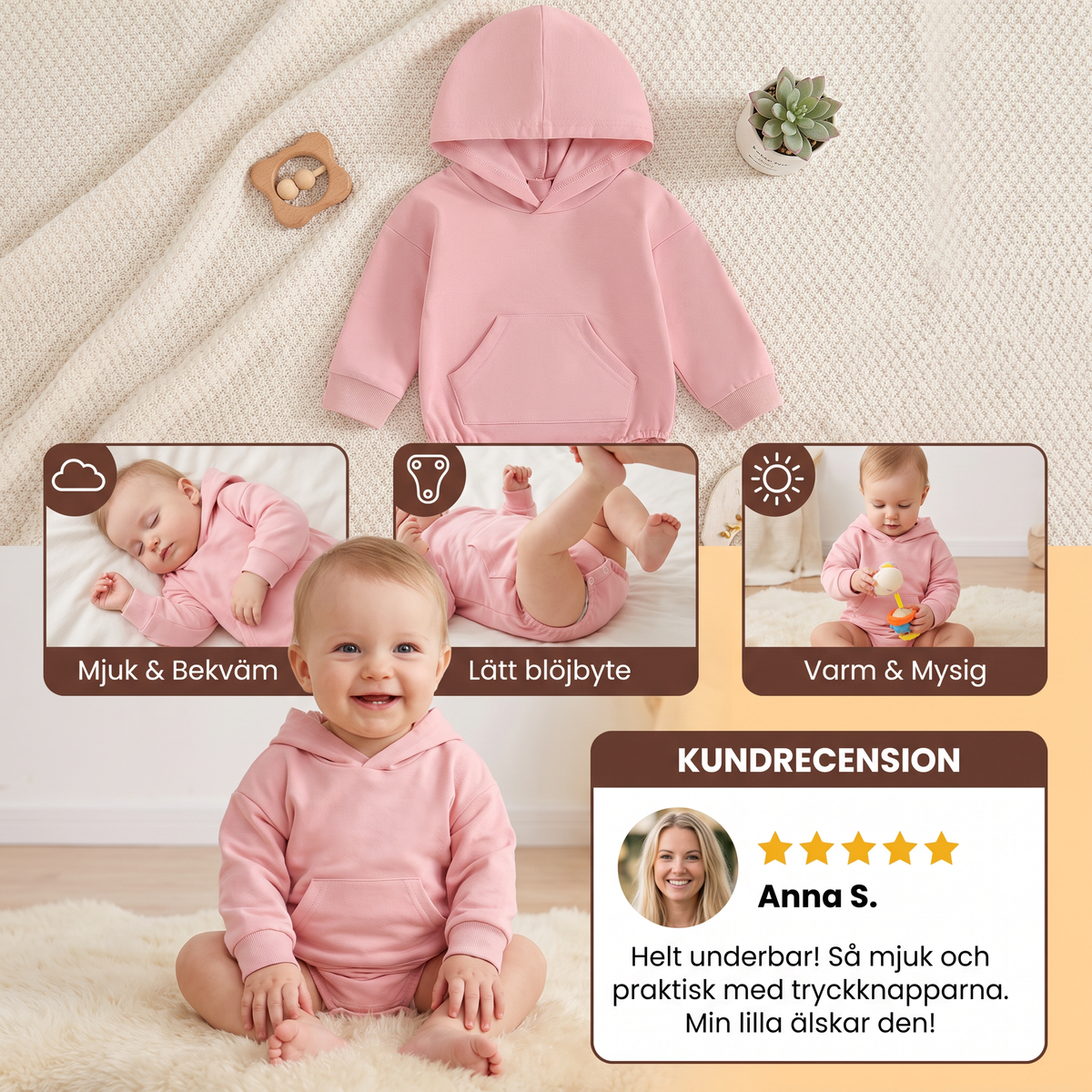 Babyromper med huva – Mjuk långärmad sparkdräkt med framficka