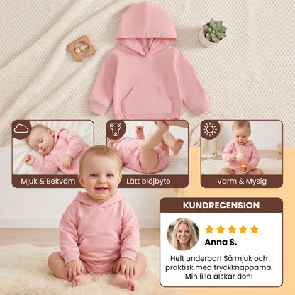Babyromper med huva – Mjuk långärmad sparkdräkt med framficka