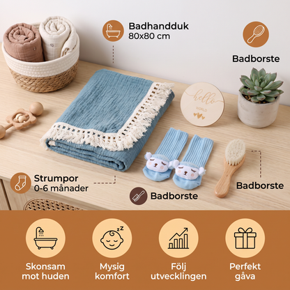 Babyvårdspresentbox – handduk, strumpor eller hårband och badborste för nyfödda