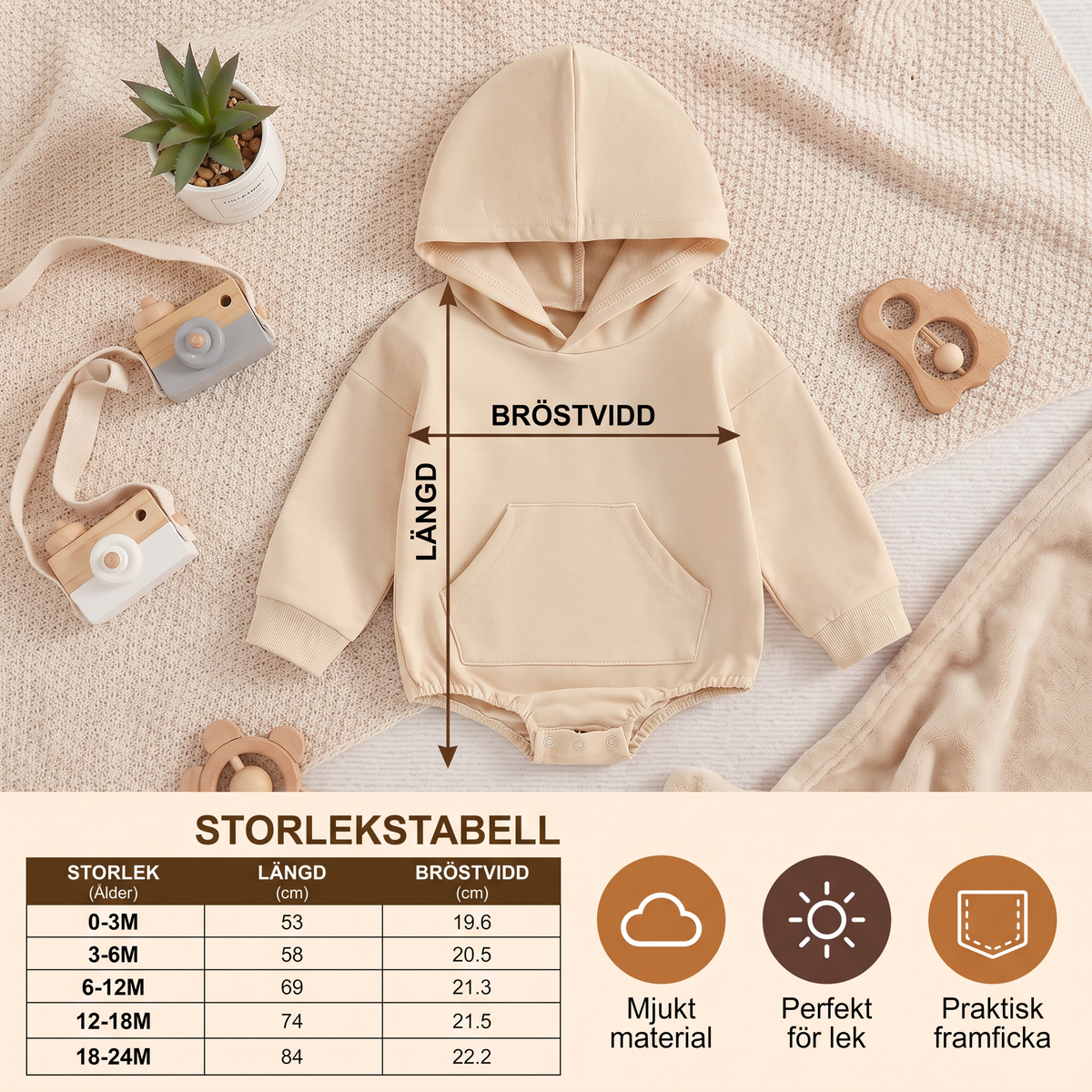 Babyromper med huva – Mjuk långärmad sparkdräkt med framficka