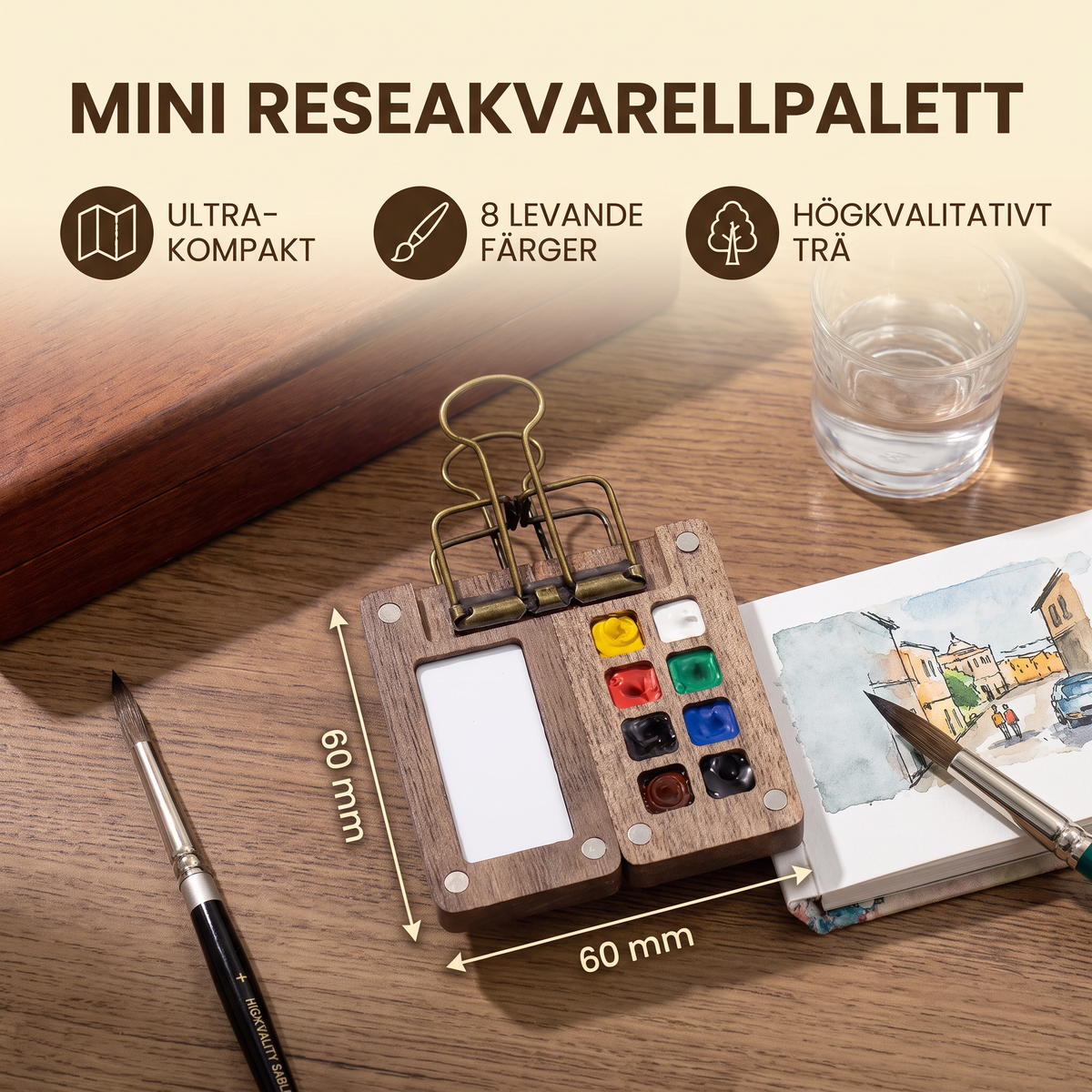 Mini Reseakvarellpalett – Fickformat Målarset med Kompakt Träetui