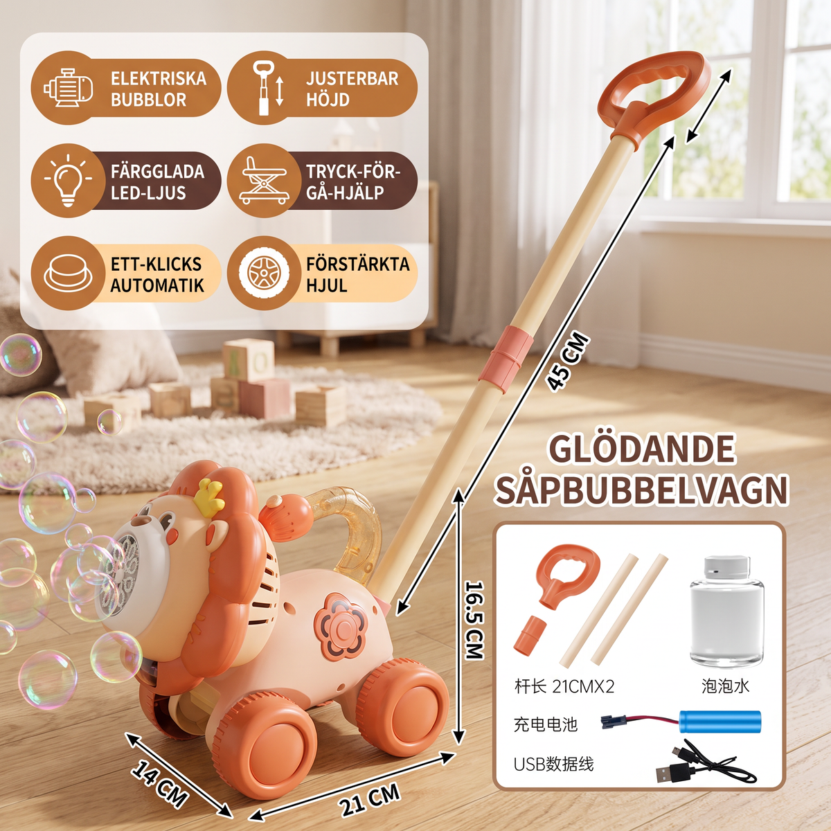 Glödande såpbubbelvagn – Skjutleksak för barn